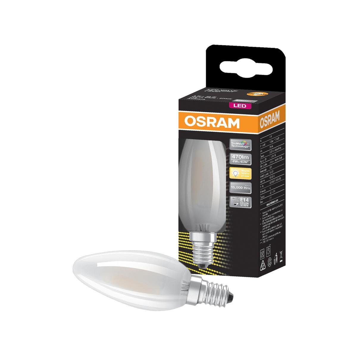 Osram 4W E14 LED Candle Fila Frosted Light Globe 470lm Warm White 51mm
