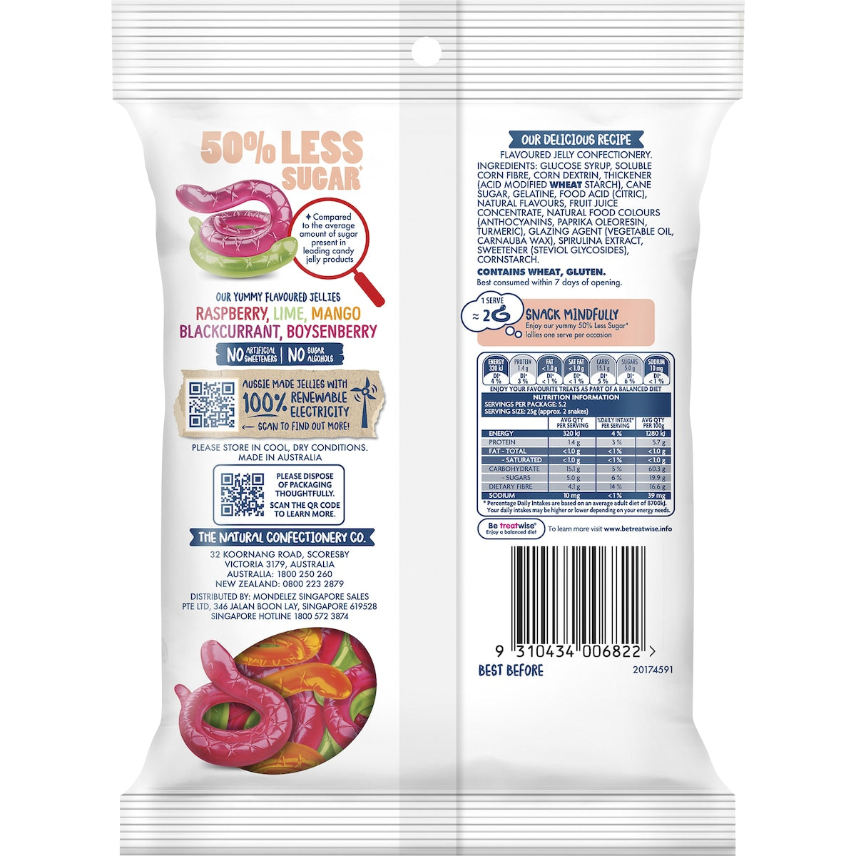 The Natural Confectionery Co. 50% Less Sugar Lollies Snakes 130g