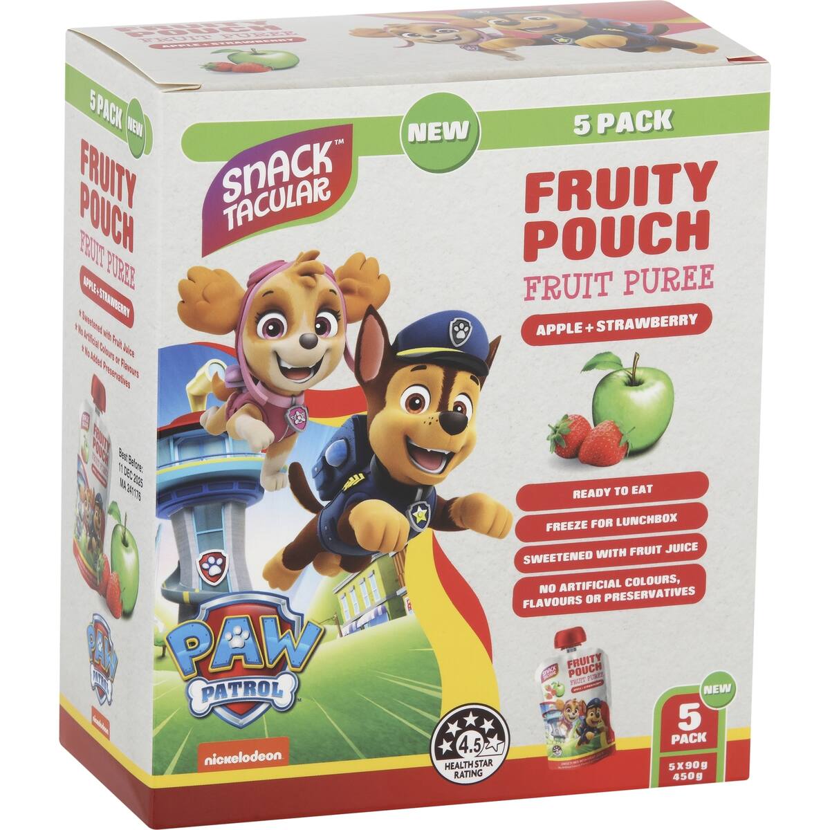 Snacktacular Fruity Pouch Fruit Puree Apple & Strawberry Paw Patrol 90g X 5 Pack