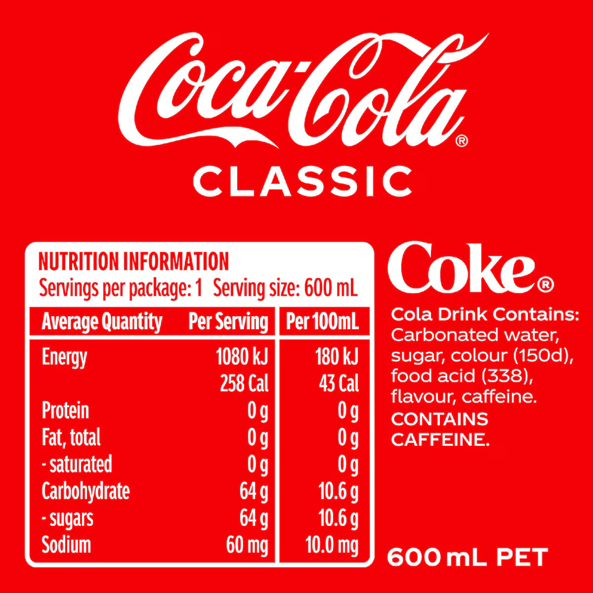 Coca-Cola Classic Soft Drink Bottle | 600mL