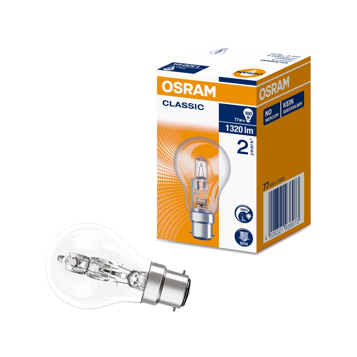 Osram Halogen Light Globe B22 77W Glass Warm White 1320 Lumens