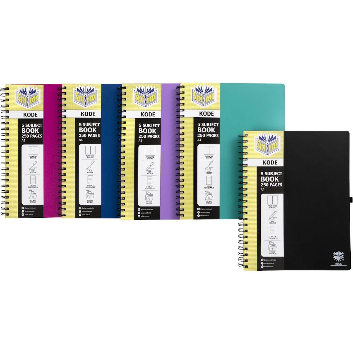 Spirax 5 Subject Book a4 Assorted Colours 250pg Each