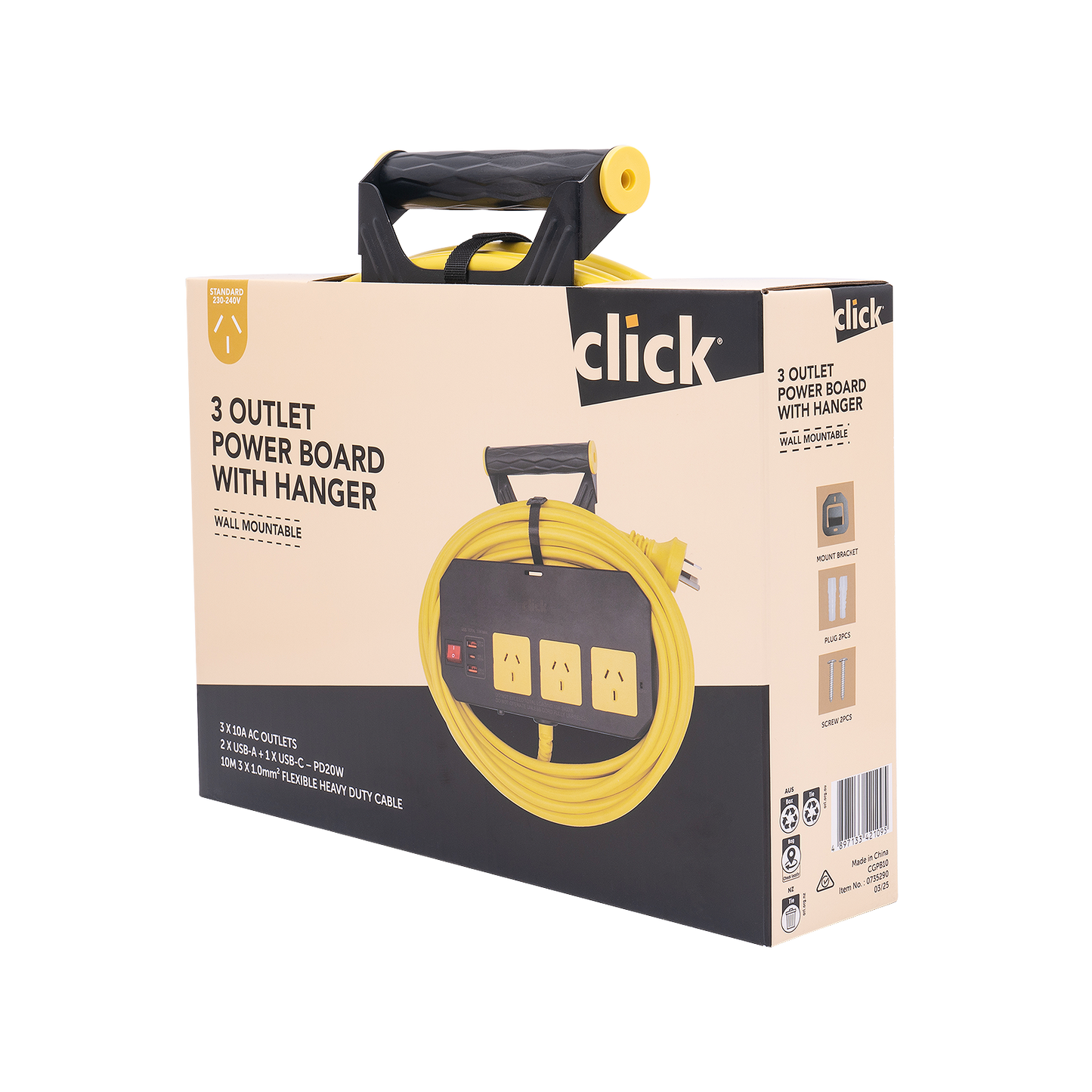 Click Cord Wall Mountable Power Board - 10m - 3 Outlet