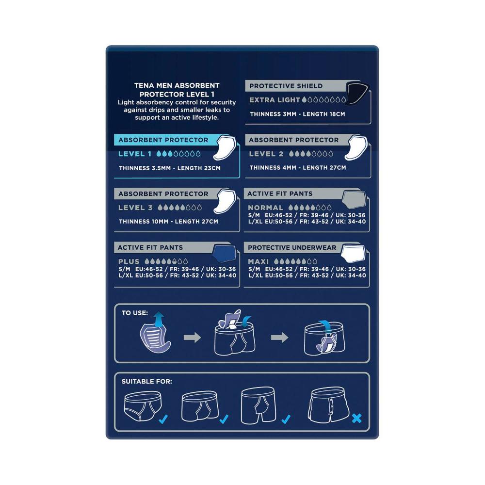 Tena For Men Pouches Level 1 Absorb Protector Incontinence Pads - 12 pack