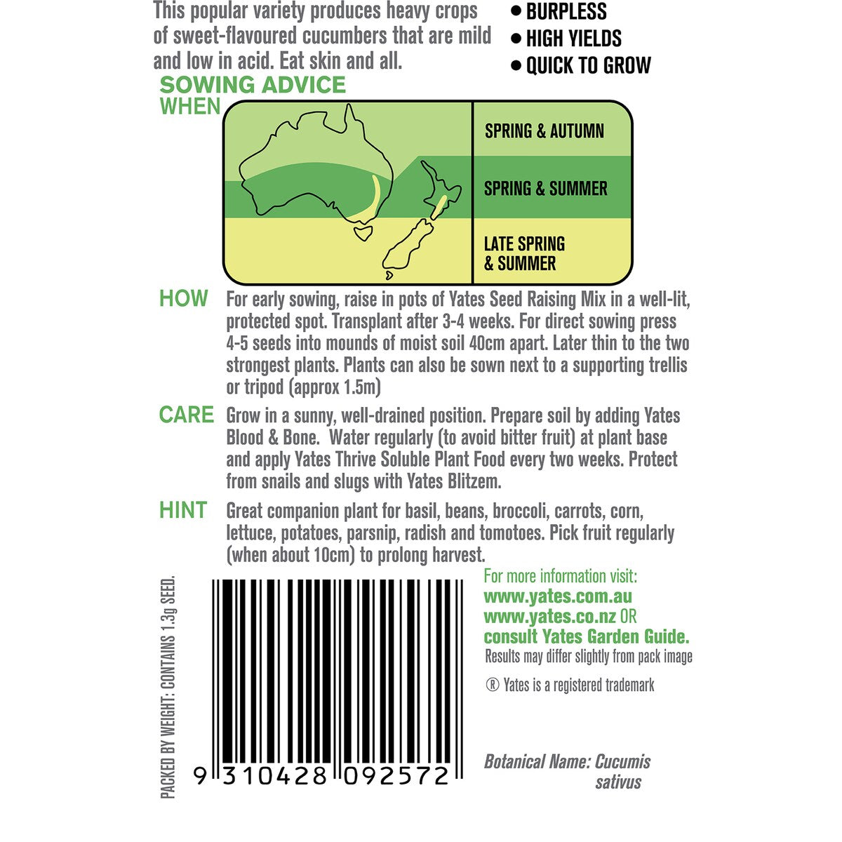 Yates Lebanese Cucumber Seeds 1.3g