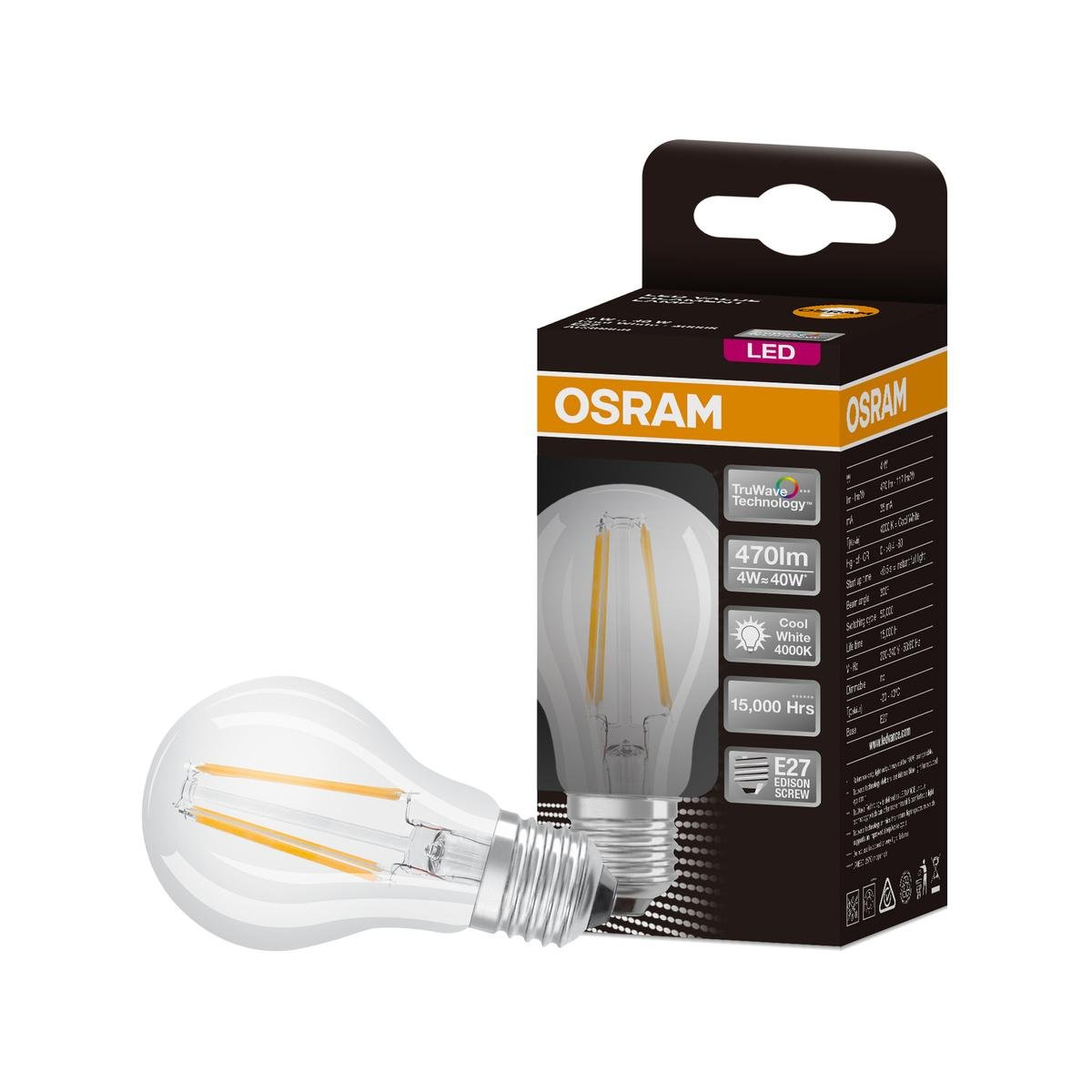 Osram 4W 470LM A Shape Filament LED Light Globe E27 4000K Cool White