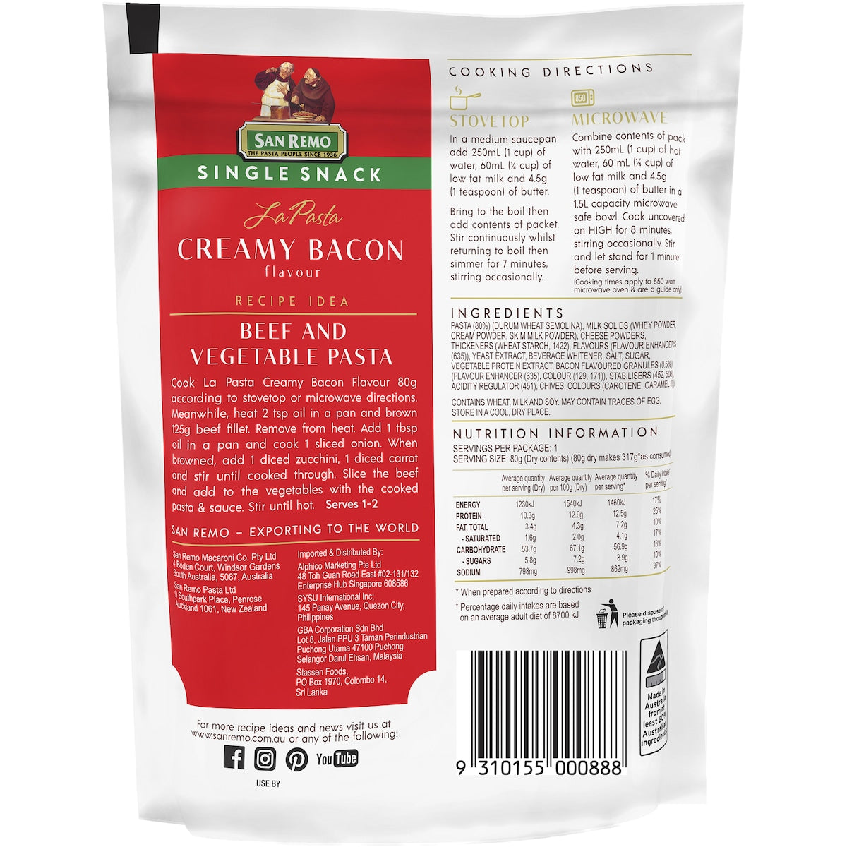 San Remo La Pasta Creamy Bacon Single Snack 80g