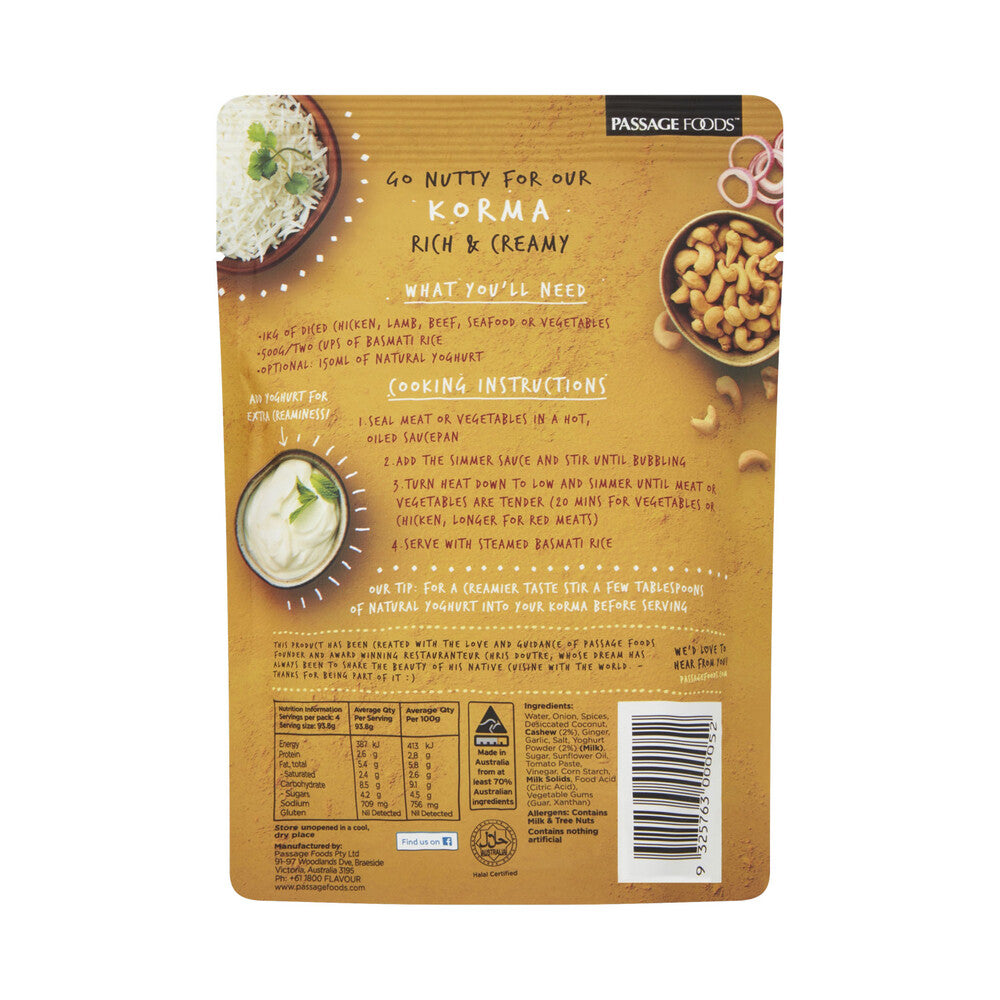 Passage Foods Passage To India Korma Curry Simmer Sauce Pouch - 375g