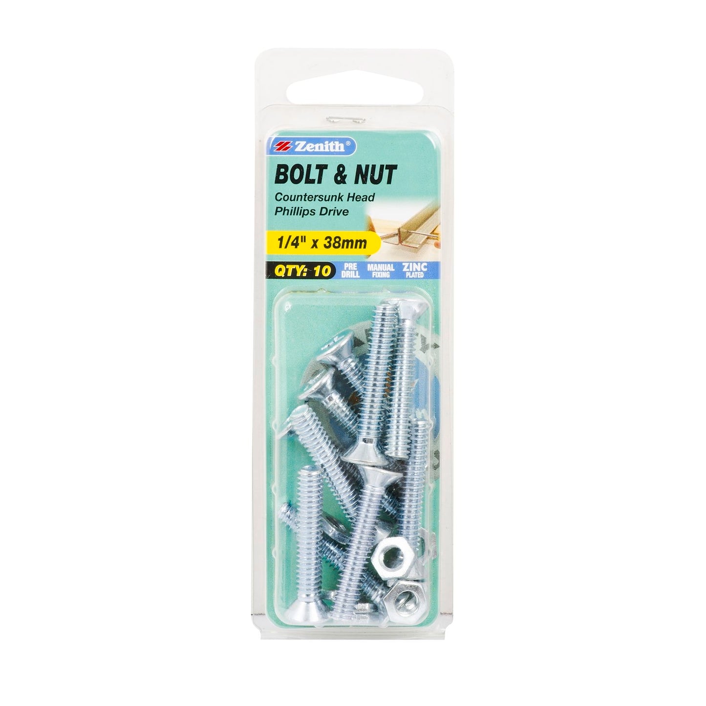 Zenith Countersunk Bolt & Nut - 1/4 x 38mm - 10 Pack