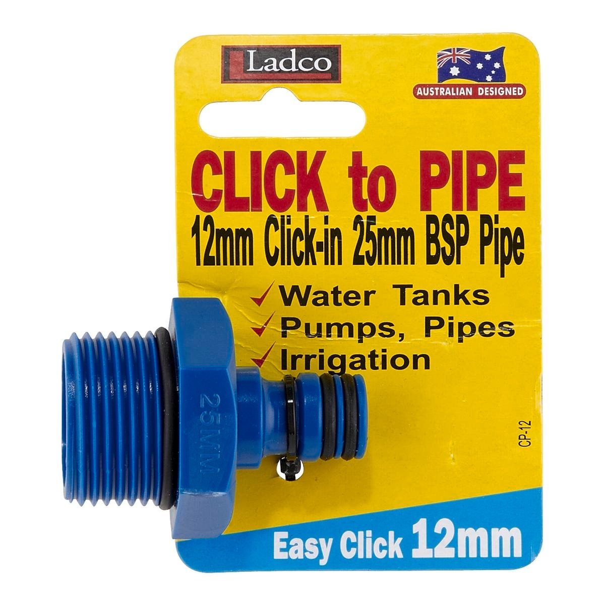 Ladco Click to Pipe Adapter - 12 x 25mm - Plastic - Outdoor Use