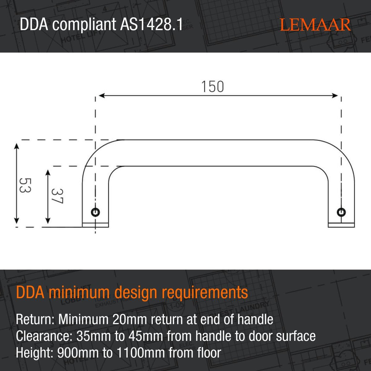Lemaar D Pull Handle 150 x 16mm Satin Stainless Steel DDA Compliant