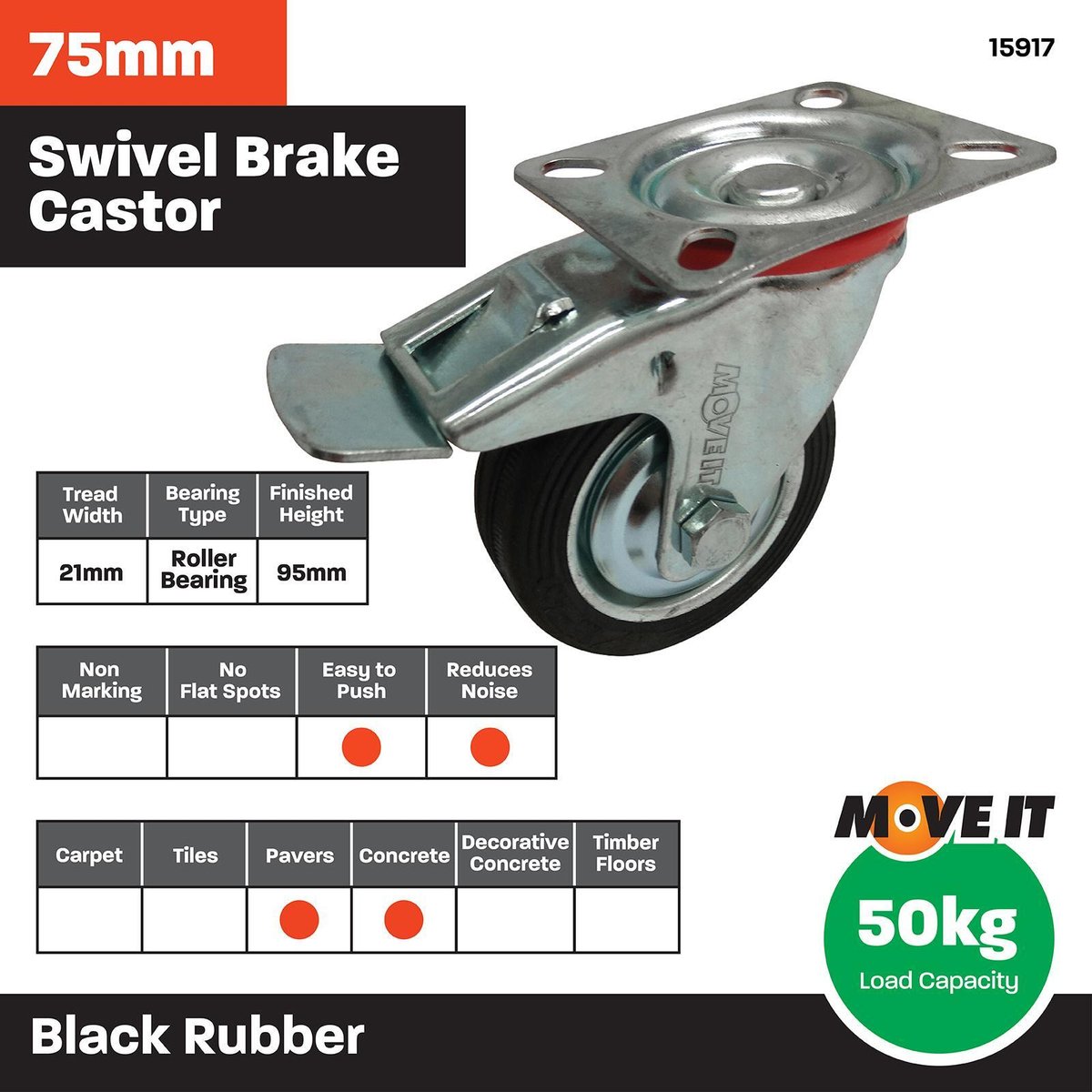 Move It 75mm Black Rubber Swivel Plate Castor with Brake 50kg Capacity