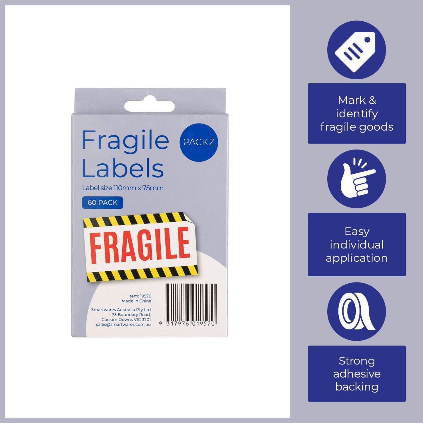 Packz Fragile Labels - 110 x 75mm - 60 Pack