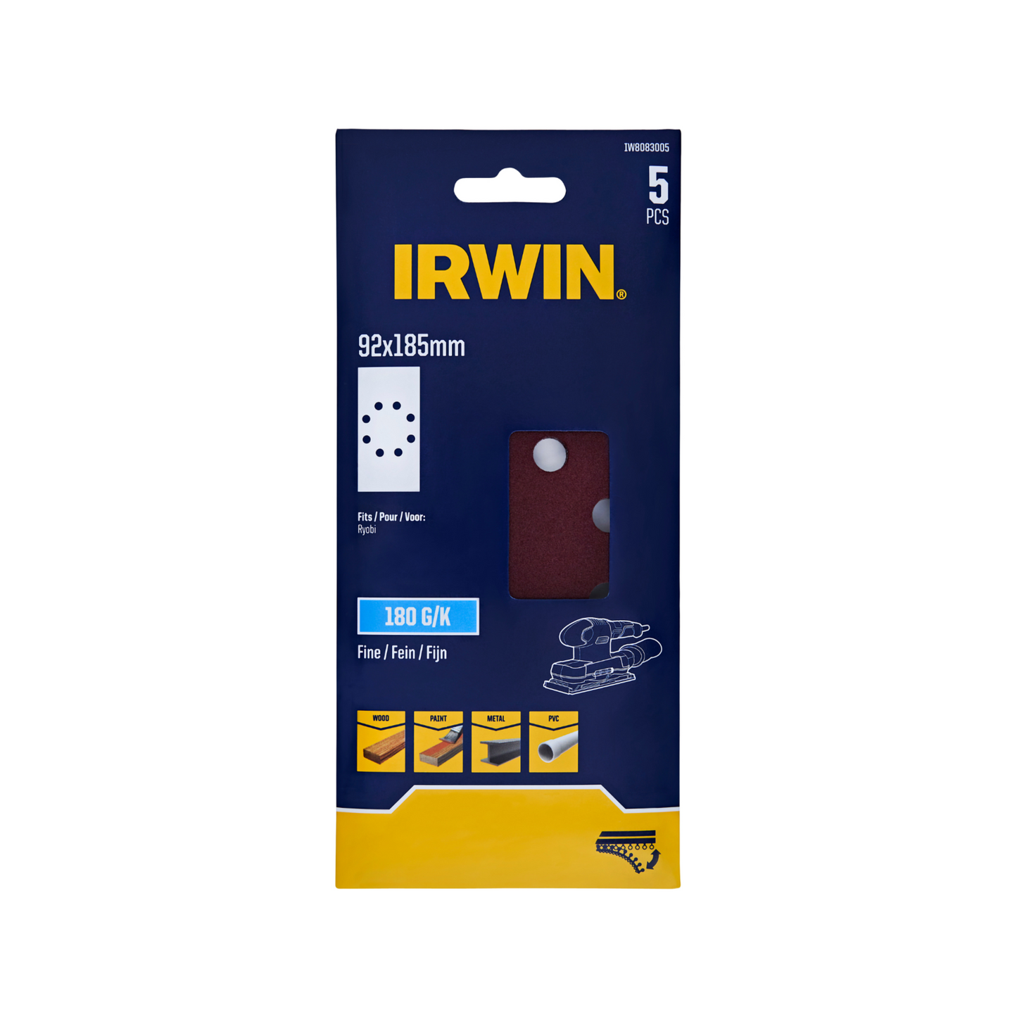 Irwin Orbital Sand Sheets - 180 Grit - 92 x 185mm - 5 Pack
