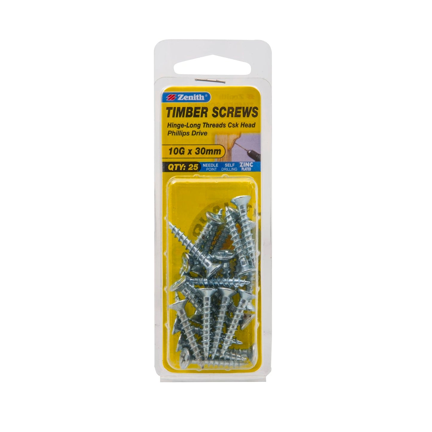 Zenith Hinge Long Thread Screw - 10g x 30mm - Zinc - 25 Pack