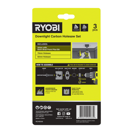Ryobi Downlight Carbon Holesaw Set 70 & 92mm 3 Piece