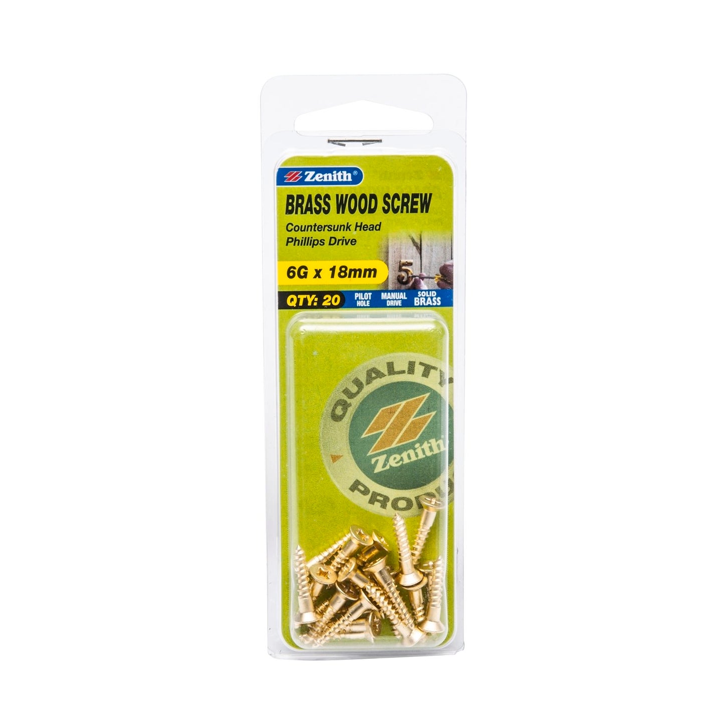 Zenith Wood Screws - 6g x 18mm - Brass - 20 Pack