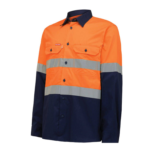 Hard Yakka Hi Vis Taped Long Sleeve Shirt - L - Orange/Navy