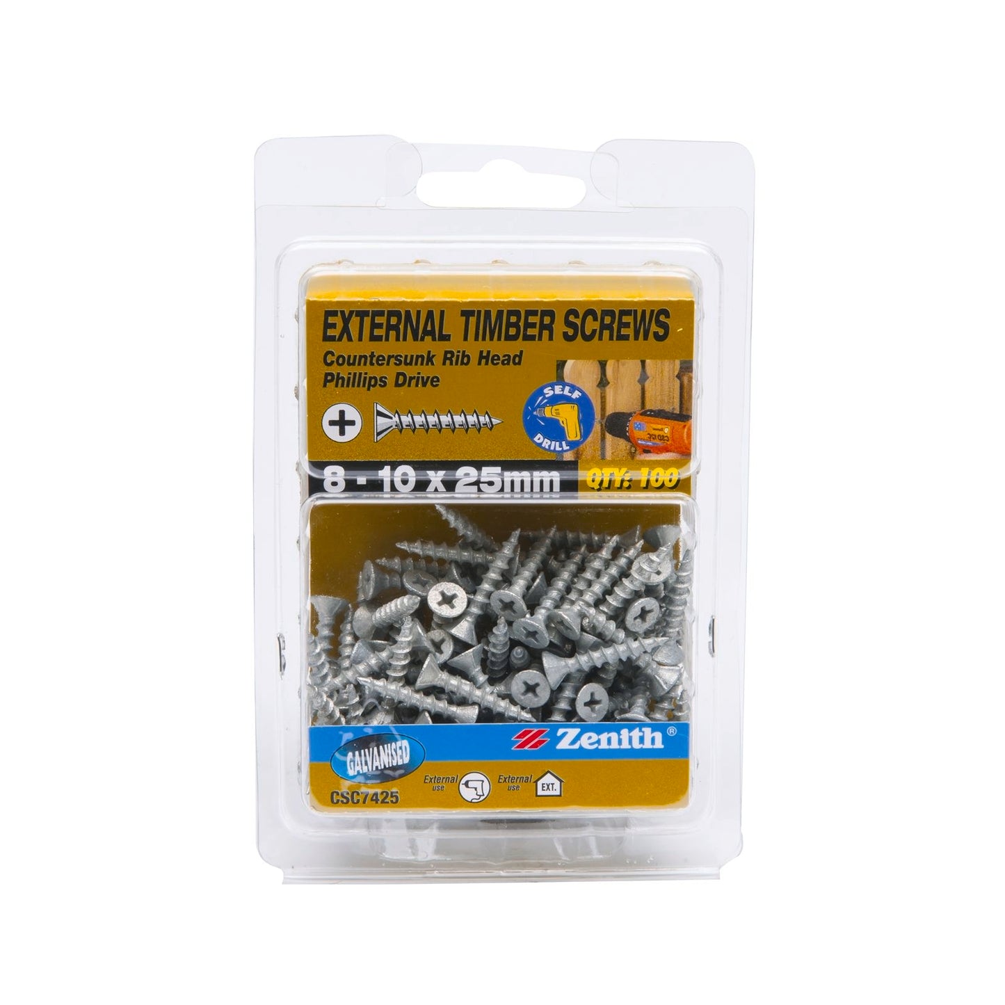 Zenith Timber Screws - 10 x 25mm - Galvanised Ribbed - 100 Pack