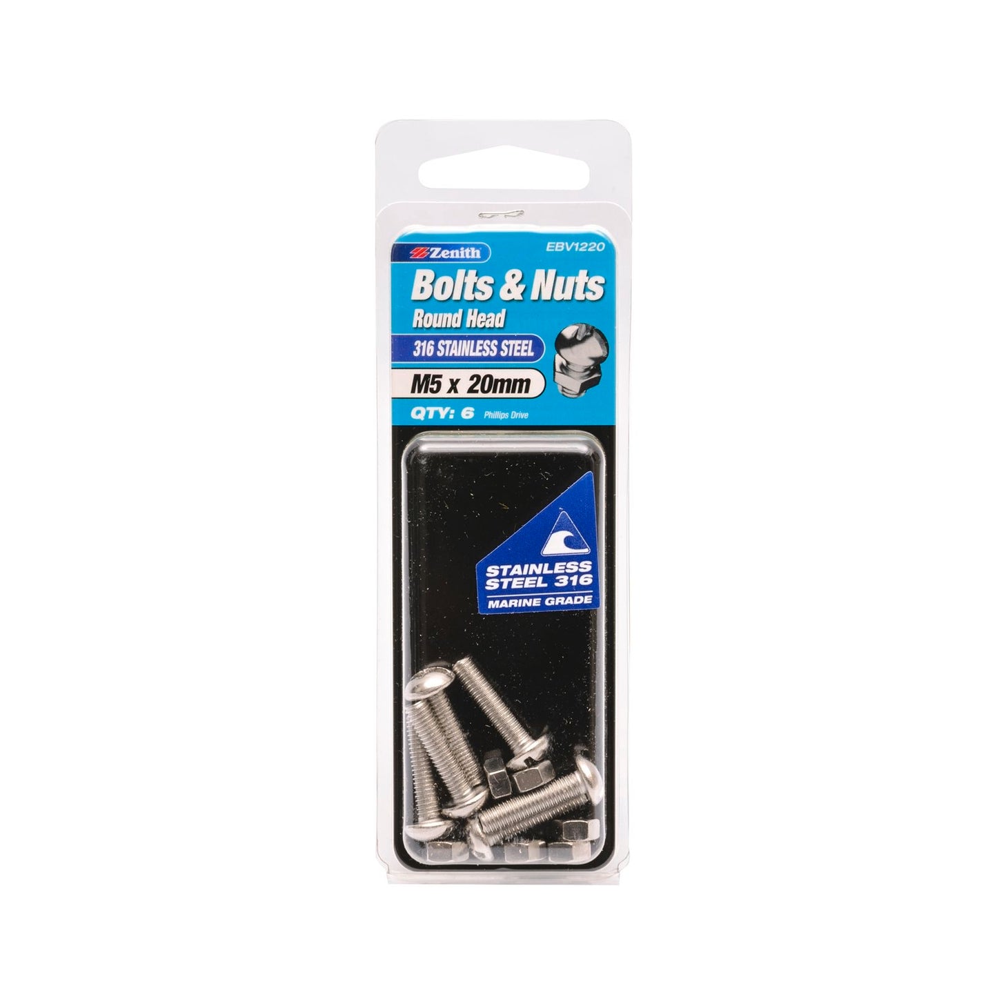 Zenith M5 x 20mm - 316 Stainless Steel Round Head Bolt & Nut - 6 Pack