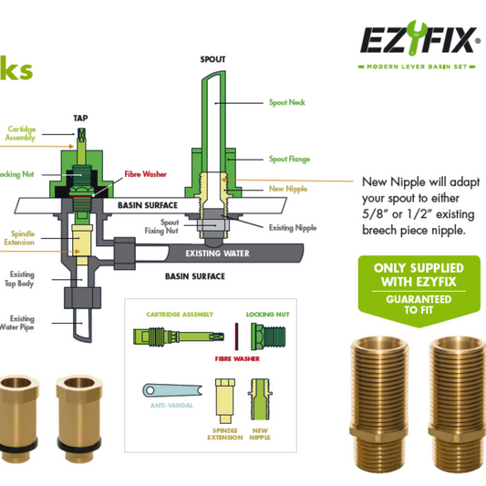 Ezyfix Chrome Lever Wall Sink Tap Set Lead Free DIY Install Kit