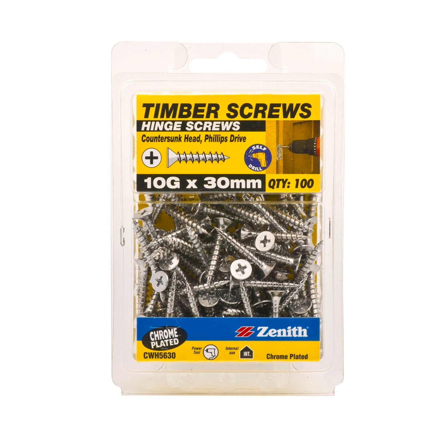 Zenith Timber Screws - 10g x 30mm - Chrome - 100 Pack