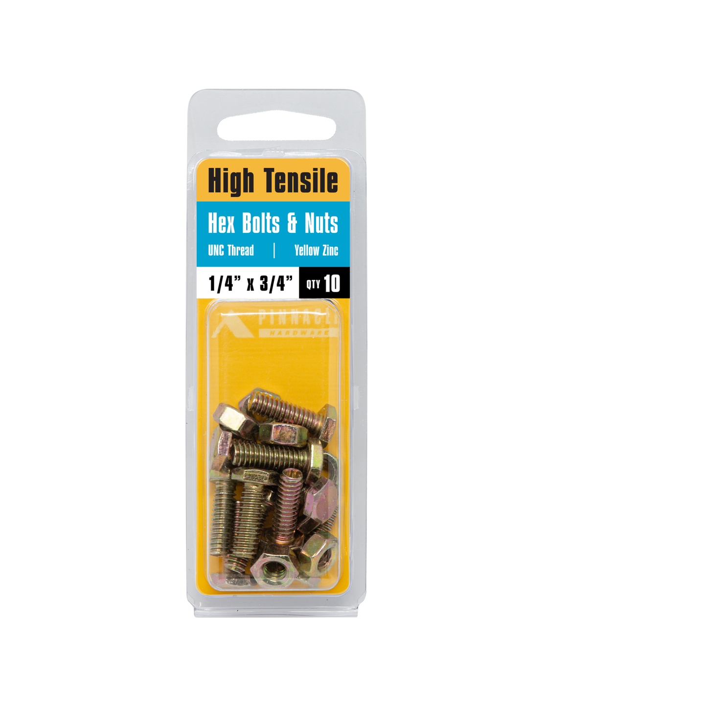 Pinnacle Hex Bolt & Nut - 1/4 x 3/4" - Yellow - 10 Pack