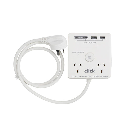Click Power Board with USB Charger - 2 Outlet, 1m