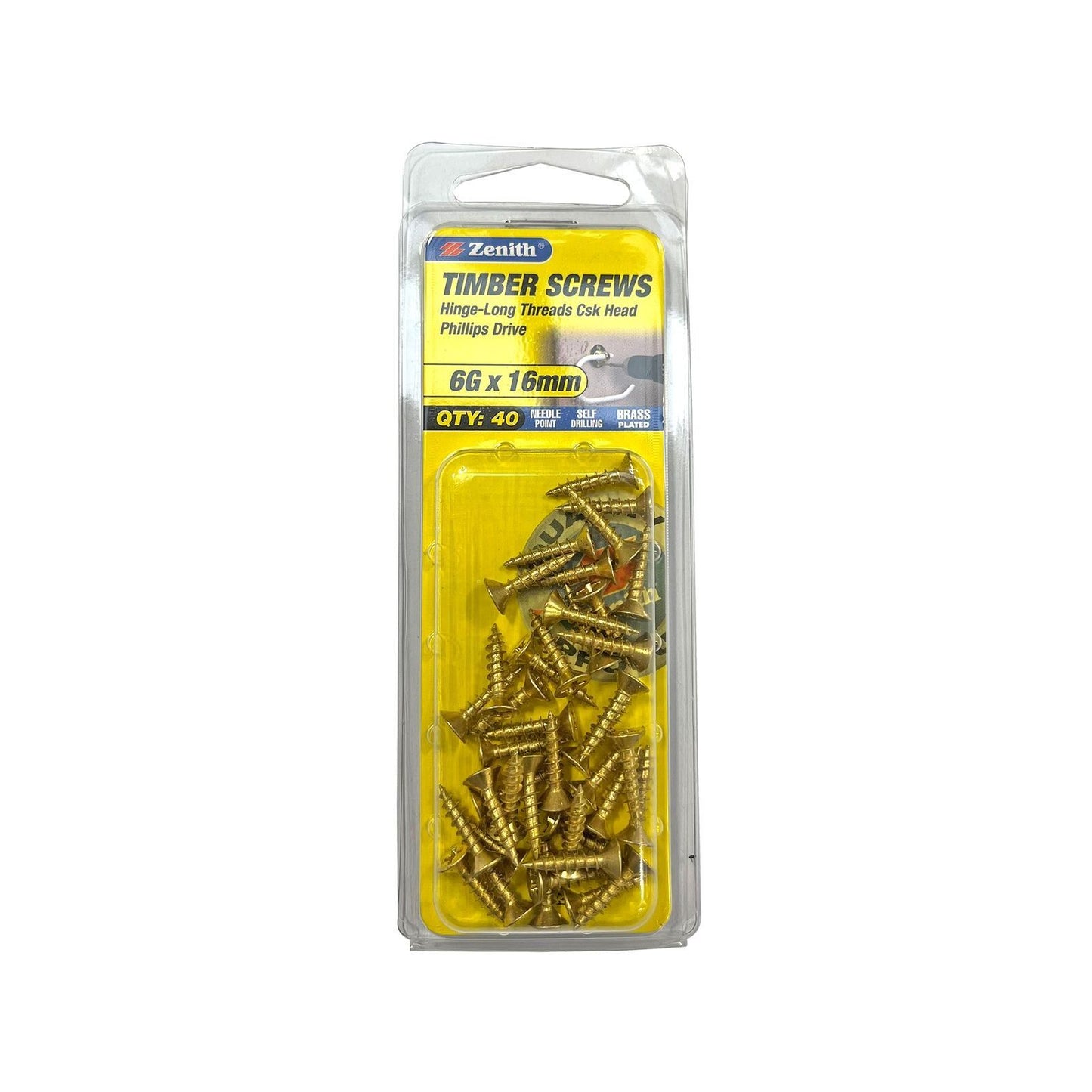 Zenith Hinge Long Thread Screws - 6g x 16mm - Brass - 40 Pack