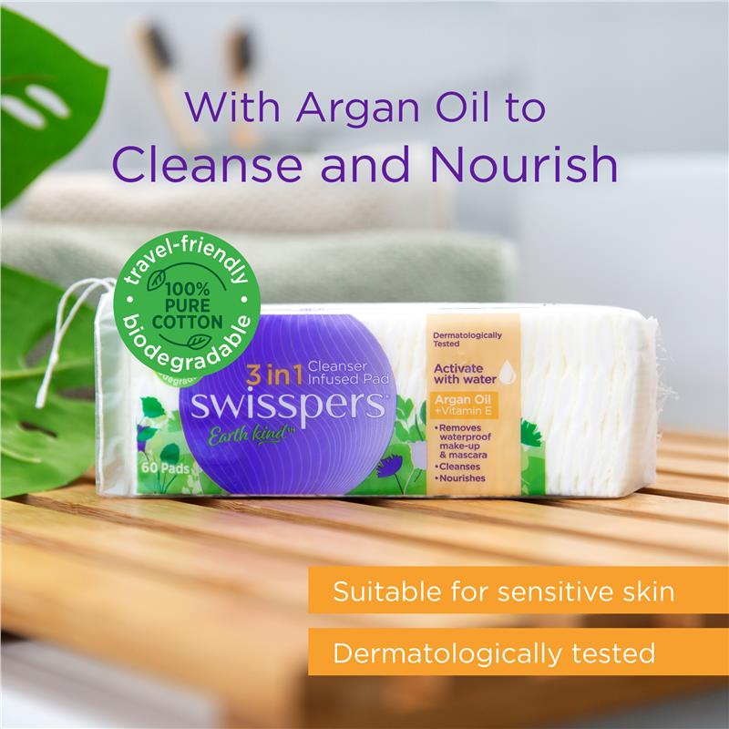 Swisspers 3in1 Argan Oil & Vitamin E Cleanser Infused Pads - 60 Pack