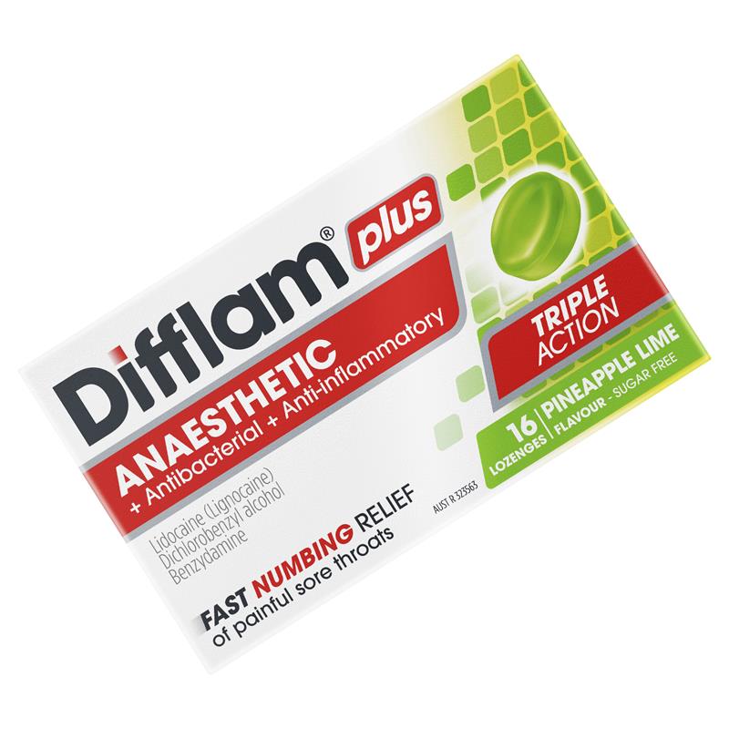 Difflam Plus Anaesthetic Sugar Free Pineapple & Lime Lozenges - 16 Count