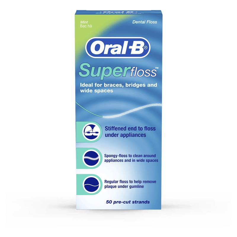 Oral B Superfloss Dental Floss Pre-Cut Strands 50 Pack - Ideal for Braces