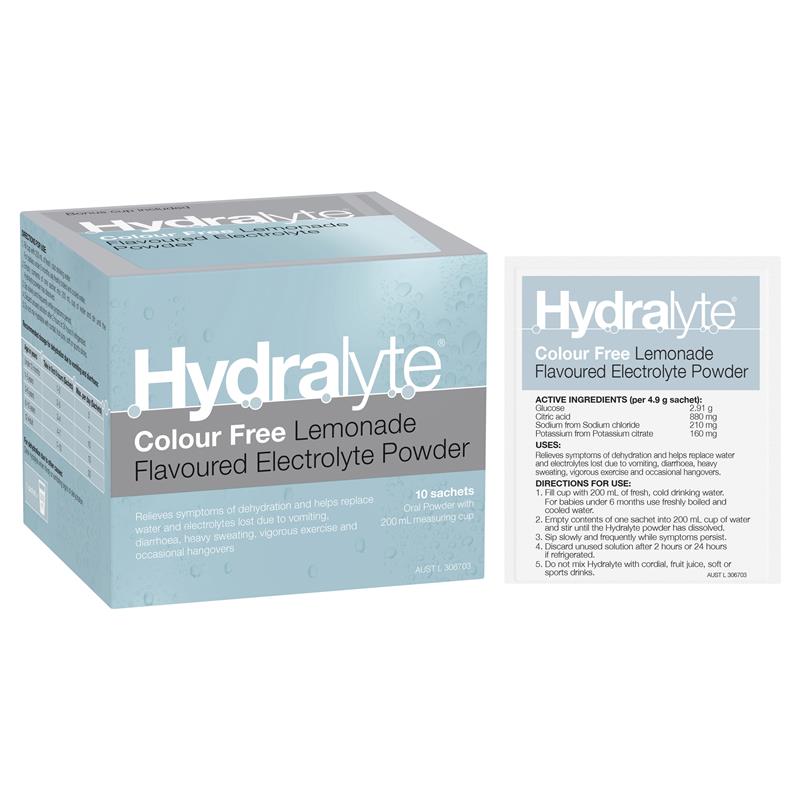 Hydralyte Electrolyte Powder - Colour Free Lemonade - 4.9g x 10 Sachets