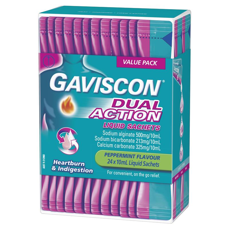 Gaviscon Dual Action Liquid Sachets Peppermint 24 Pack - Soothing Heartburn Relief