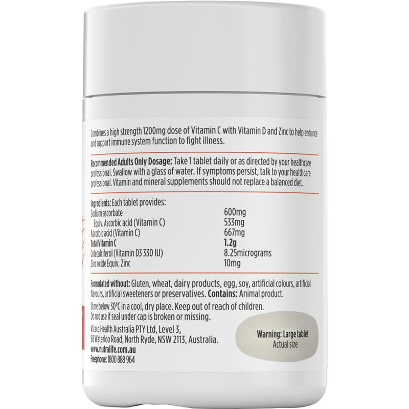 Nutra-Life High Strength Vitamin C 1200 + D + Zinc 60 Tablets