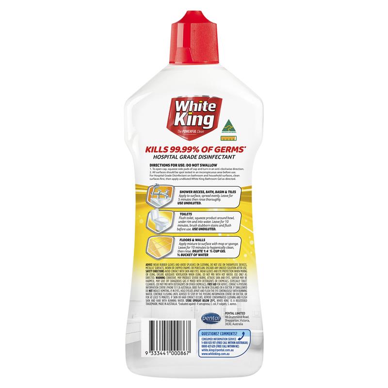 White King Bathroom Power Gel Lemon 750ml - Hospital Grade Disinfectant