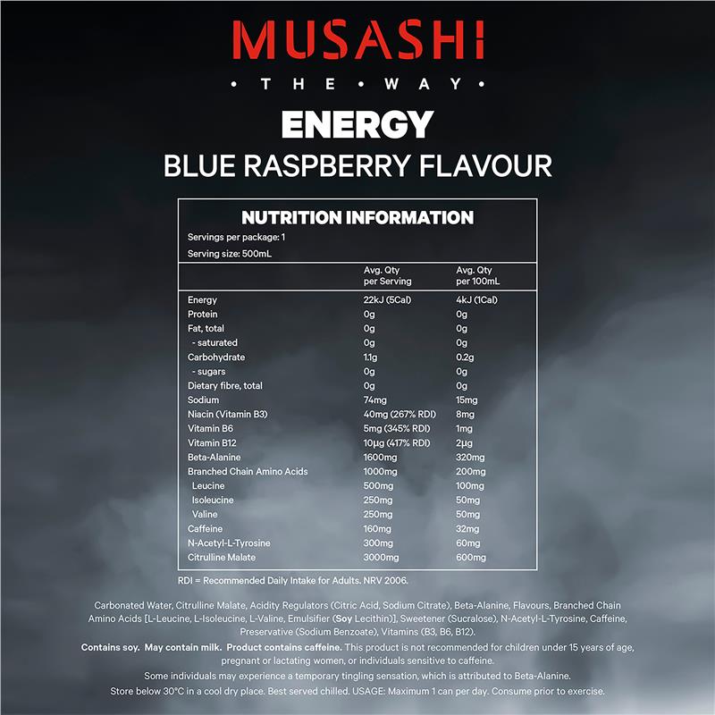 Musashi Blue Raspberry Energy Drinks 500ml x 4 Pack