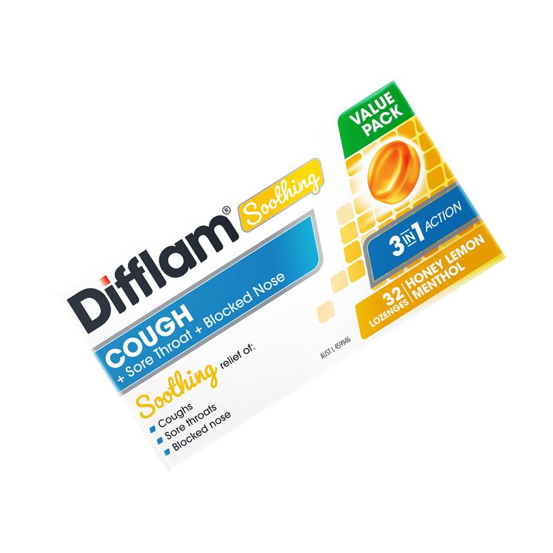 Difflam Soothing Cough + Sore Throat + Blocked Nose Lozenges - Honey Lemon Flavor (32 Lozenges)