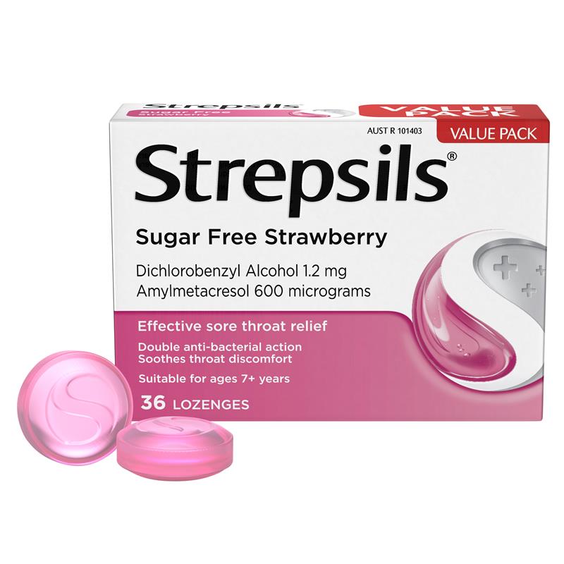 Strepsils Sugar Free Strawberry 36 Lozenges - Antibacterial Sore Throat Relief