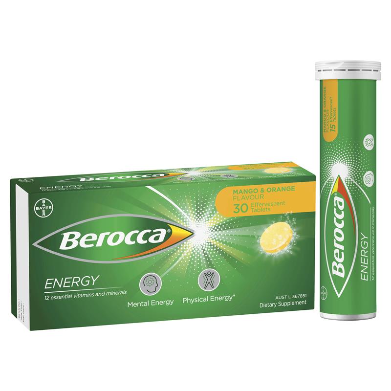 Berocca Energy Mango and Orange 30 Effervescent Tablets - Natural Energy Boost
