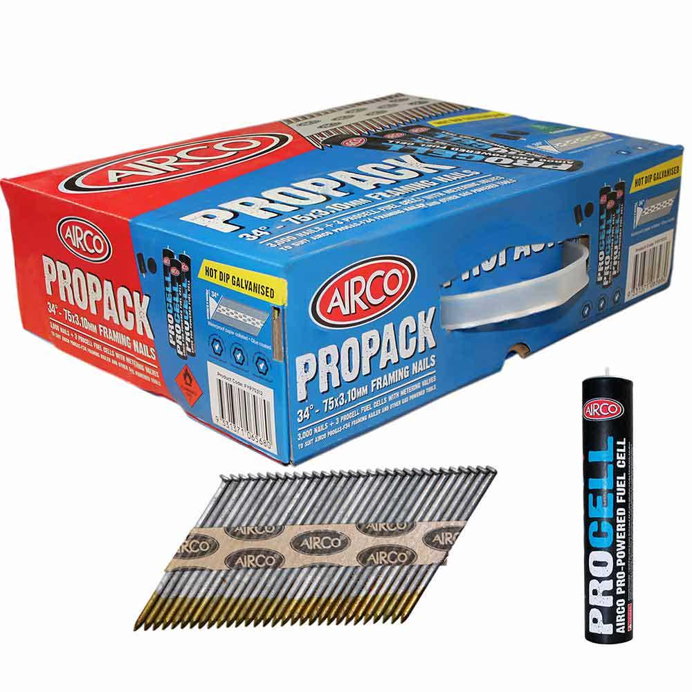 AIRCO 34 degrees Hot Dipped Galvanised Framing Nails - 75mm Box of 3000 and 3 Fuel Cells FYP75312