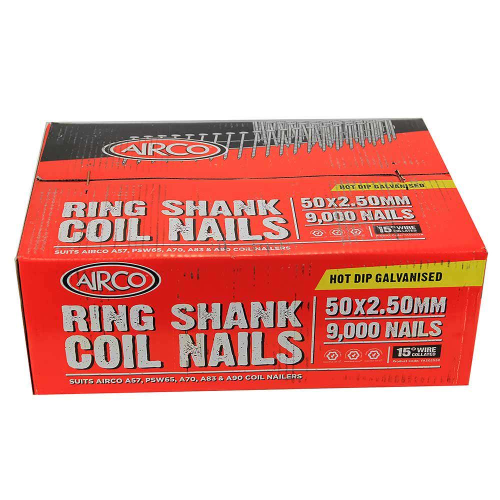 AIRCO Fencing Coil Nail Ring Shank Hot Dipped Galvanised - 50mm Box of 9000 YA50252R