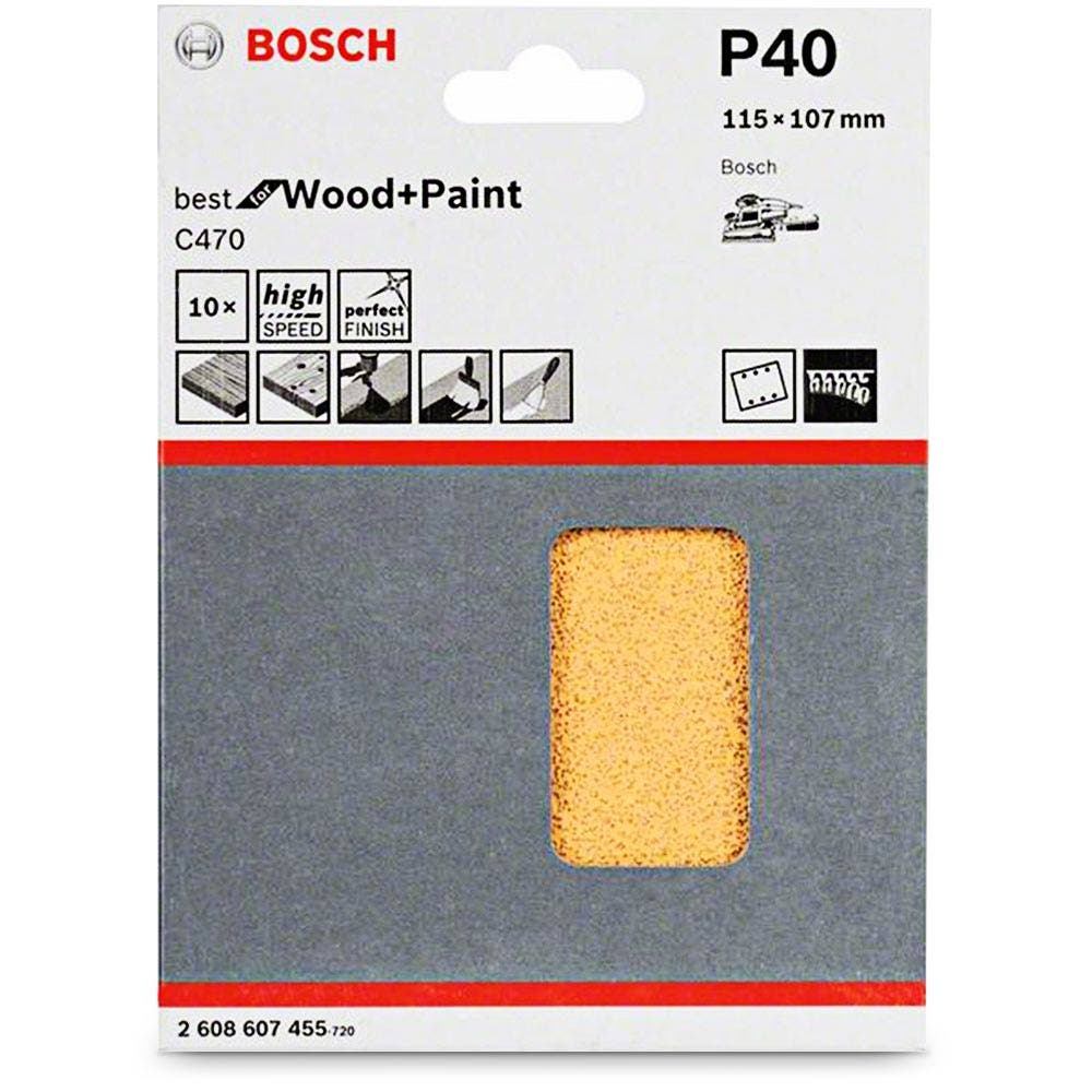 BOSCH 115 x 107mm 40-Grit 6-Hole Hook and Loop Sanding Sheet for Wood and Paint - 10 Piece
