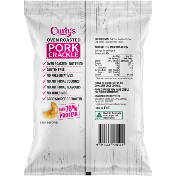 Curly's Oven Roasted Pork Crackle Lightly Salted 50g, High-Protein Snack