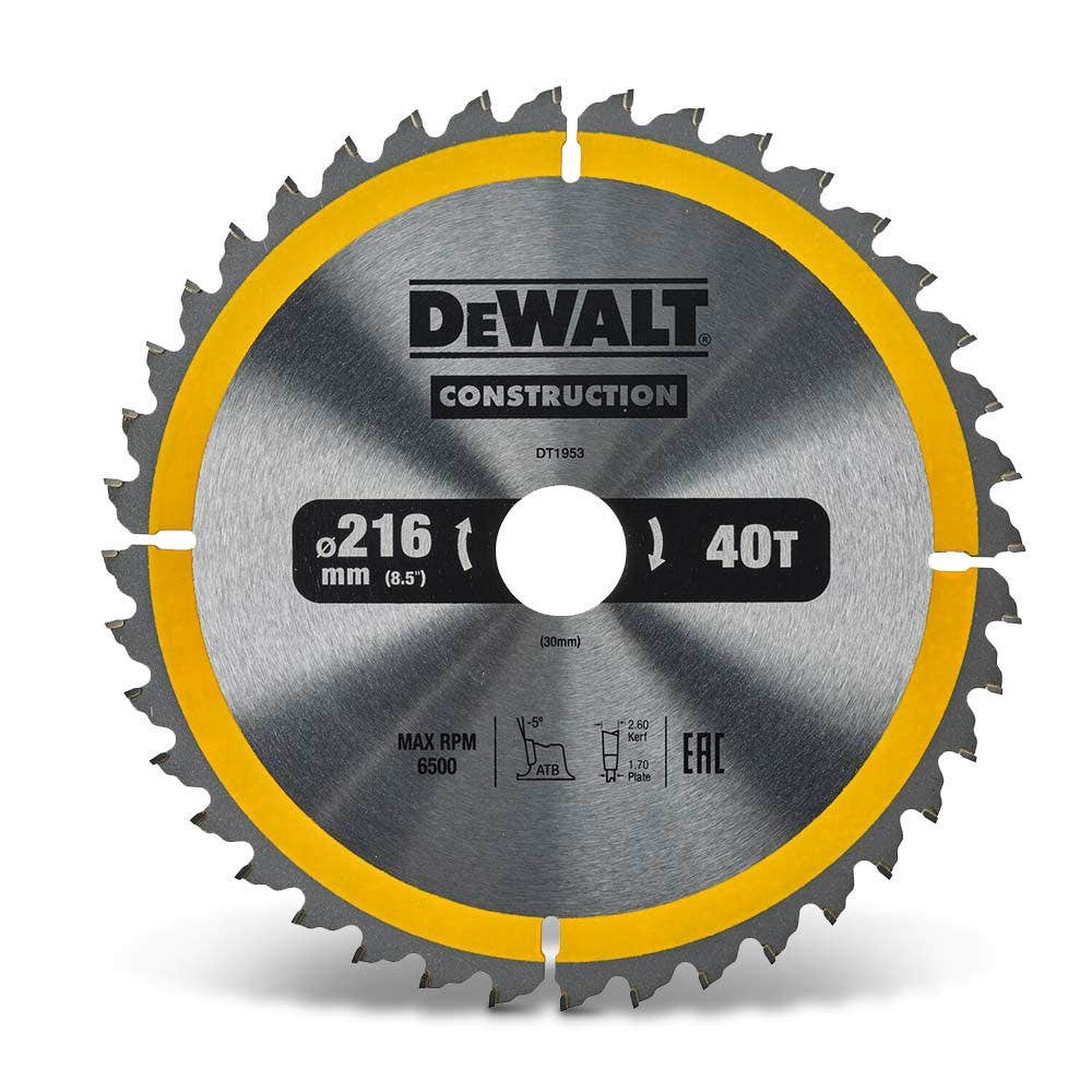 DEWALT 216 x 30mm 40T TCT CONSTRUCTION Circular Saw Blade for Wood Cutting DT1953-QZ