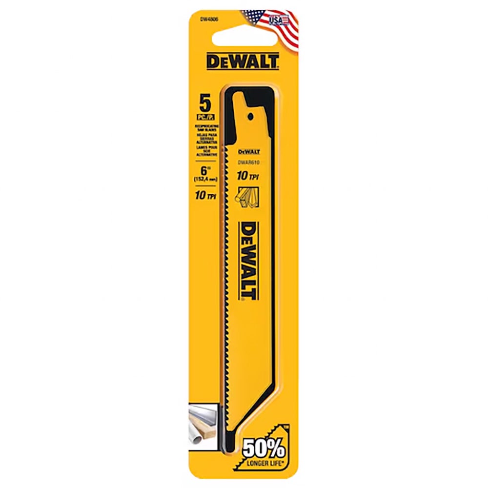 DEWALT 6inch 10TPI Bi-Metal Reciprocating Saw Blade - 5 Piece DW4806