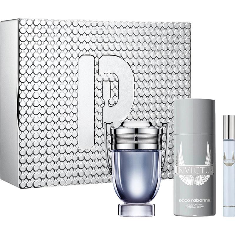 Paco Rabanne Invictus Eau de Toilette 100ml + 150ml Deodorant Spray + 10ml Travel Spray - 3 Piece Set