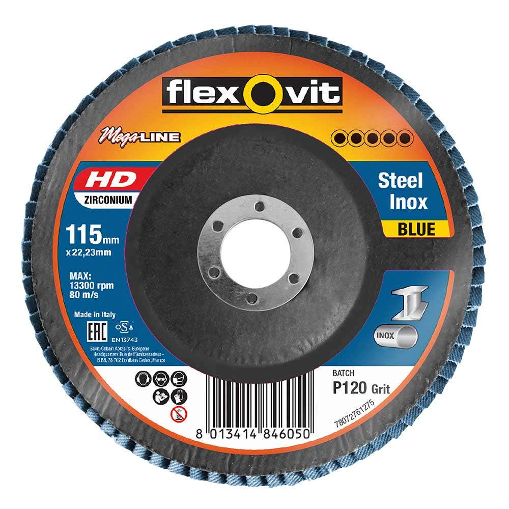 FLEXOVIT 115mm 120-Grit Zirconia INOX Angled Flap Disc - MEGALINE 78072761275