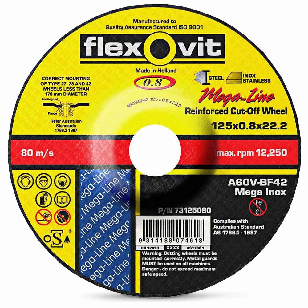 FLEXOVIT 125 x 0.8mm Depressed Centre Steel and Stainless Cut Off Disc - MEGA INOX