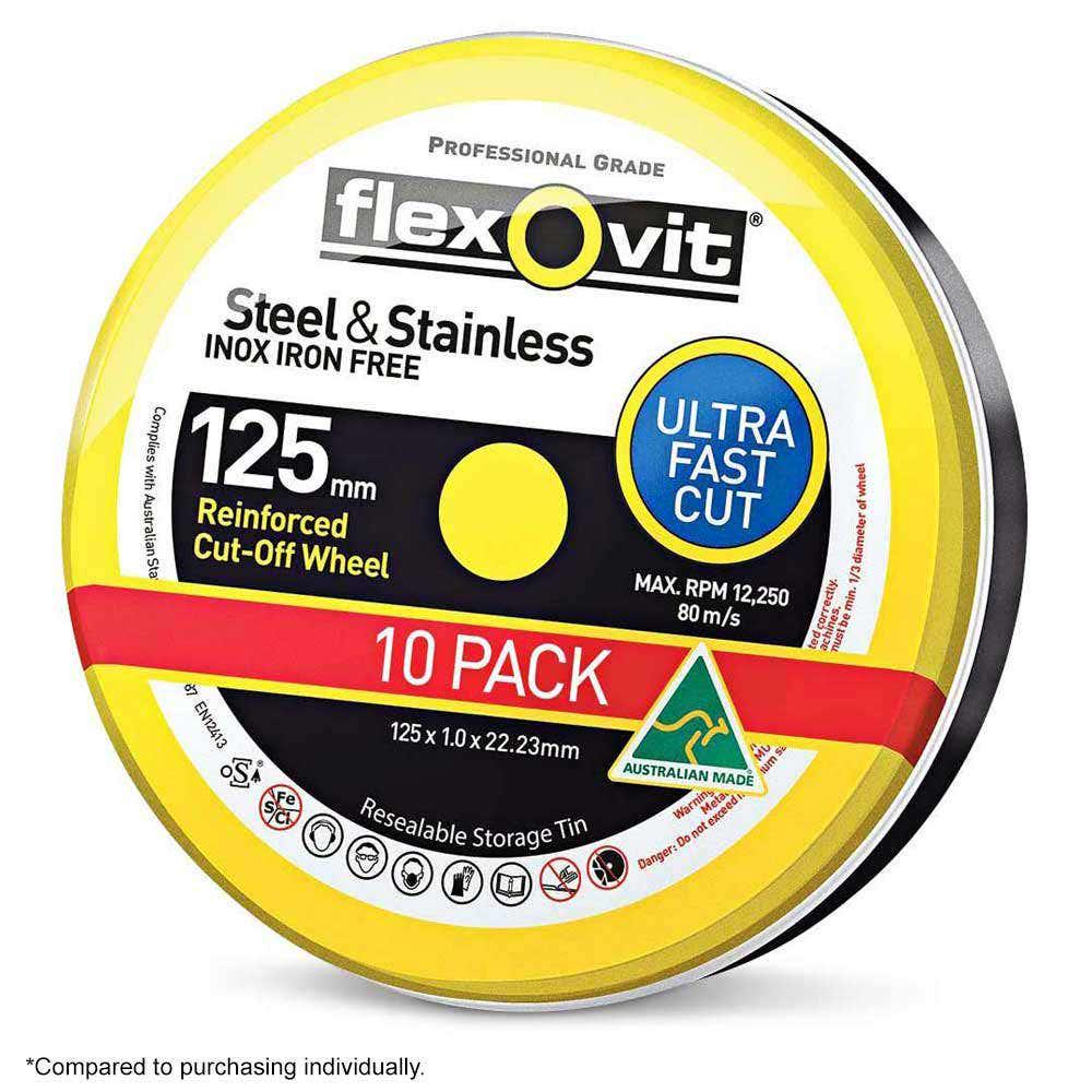 FLEXOVIT 125 x 1.0mm Steel and Stainless Cut Off Disc - MEGA INOX - 10 Piece Tin